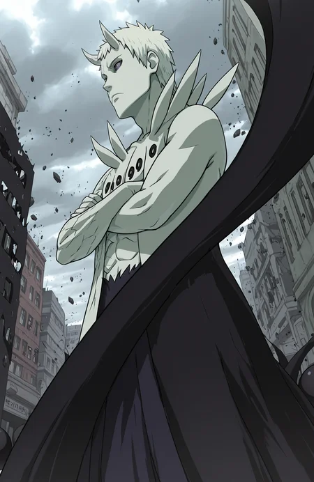 shadow_barrier, bored, in ball, crossed arms, from side, from below, street, protest, flying debris, city, cloudy, destroyed, r50_ob1t0, rinnegan, sharingan,
masterpiece, best quality,
<lora:Juubito_X6E13:1.0>