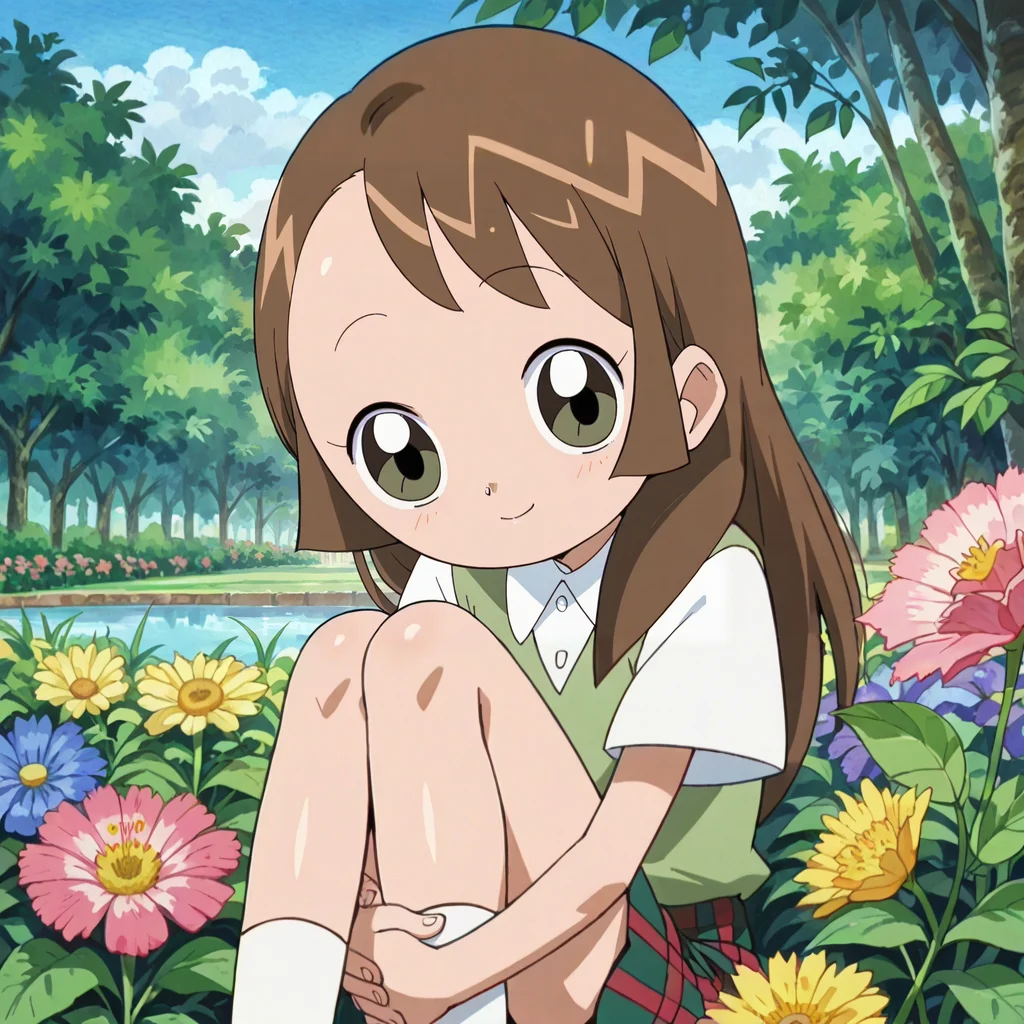 score_9, score_8_up, score_7_up, score_6_up, score_5_up, score_4_up,source_anime,anime screencap,retro artstyle,1girl,flat chested,glistening body,shiny_skin,dewy skin,BREAK
<lora:sachiko_v1:1.0> ijuinsa,brown hair, long hair, shirt, collared shirt, short sleeves, sweater vest, plaid skirt,smile,flower garden,sitting, hugging own legs,big eyes,park,