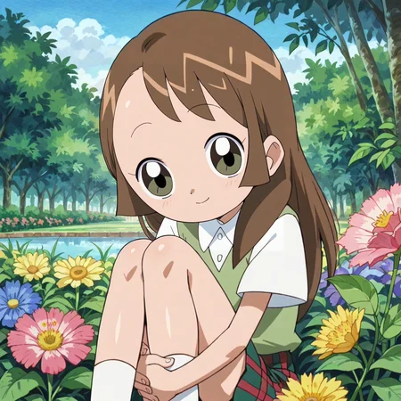 score_9, score_8_up, score_7_up, score_6_up, score_5_up, score_4_up,source_anime,anime screencap,retro artstyle,1girl,flat chested,glistening body,shiny_skin,dewy skin,BREAK
<lora:sachiko_v1:1.0> ijuinsa,brown hair, long hair, shirt, collared shirt, short sleeves, sweater vest, plaid skirt,smile,flower garden,sitting, hugging own legs,big eyes,park,