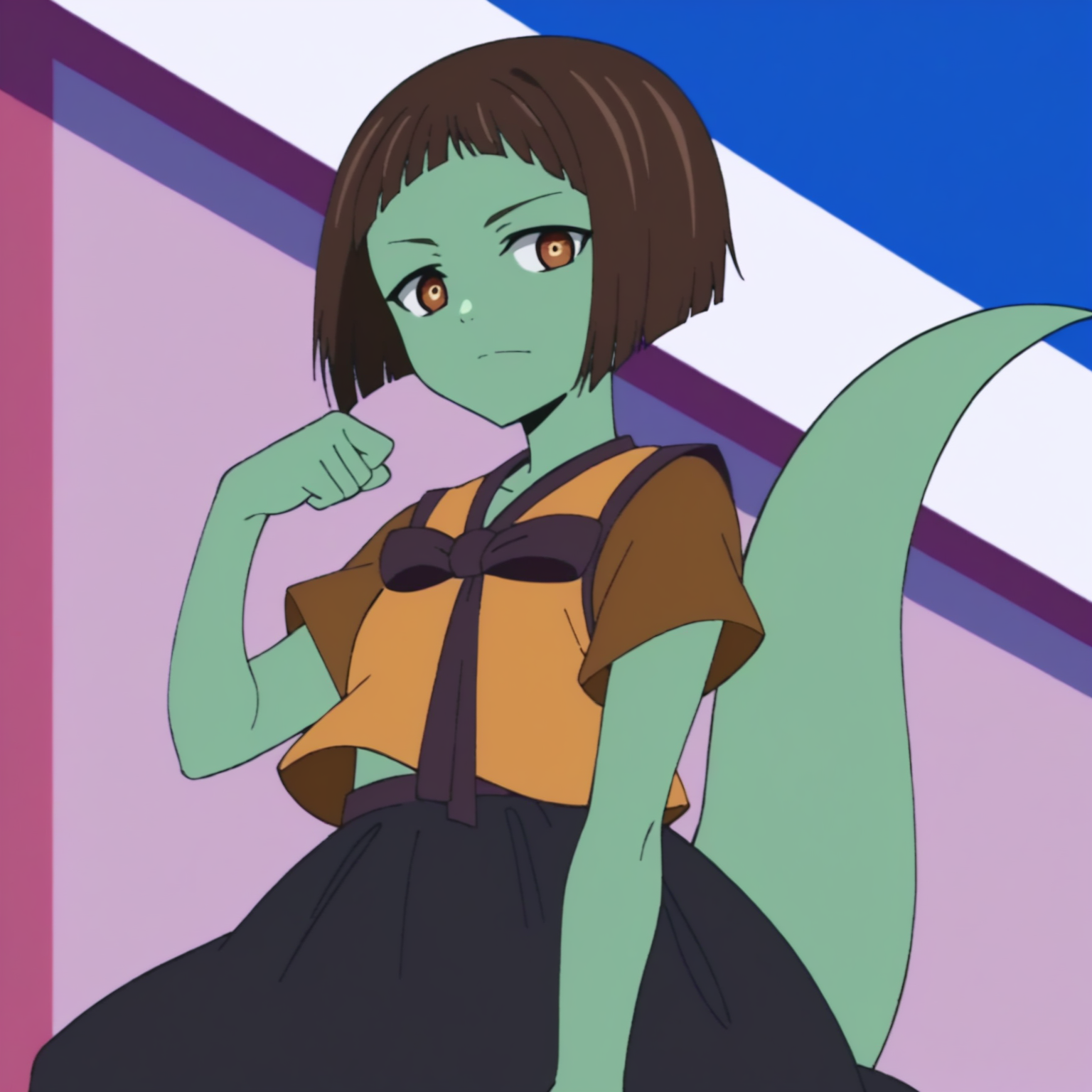 score_9, score_8_up, score_7_up, score_6_up, score_5_up, score_4_up, anime coloring, anime screencap, megami magazine, BREAK, Uncensored, anaak jahad, green skin, thick tail, anaaks clothing,  <lora:sdxl_lightning_8step_lora:1> <lora:AnaakJahad:0.9>