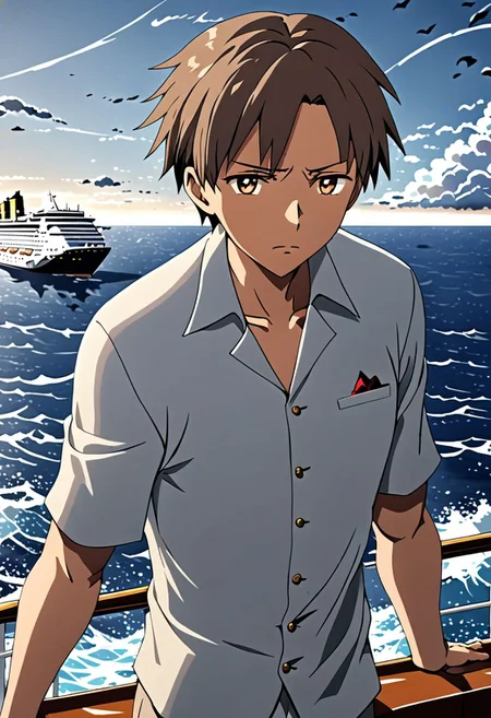 high resolution, solo, best quality, 1Boy, Takaki Toono, Brownish Hair, Brown Eyes, sea, bow cruise ship, stong wind, ocean, OverallDetail