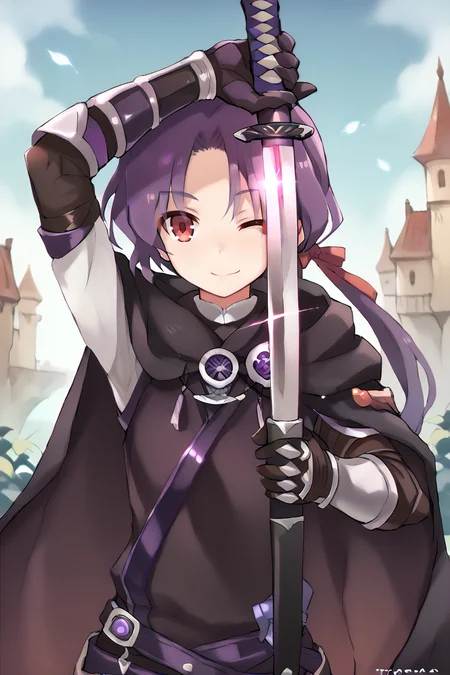 score_9, score_8_up, score_7_up, score_6_up, source anime, BREAK, <lora:UnsheathingPosePonyXL:1.1> , arm up unsheathing sword,<lora:Russell:0.8> , rusdef, 1boy, red eyes, purple hair, long hair, ponytail, low ponytail, hair ribbon, black cloak, cape, black tunic, belt, gloves, gauntlets, upper body, looking at viewer, closed mouth, winking, smile, <lora:zy_Detailed_Backgrounds_v1:0.3> , detailed background, highly detailed, exterior, village, scenery, (castle), <lora:m0njy4XLP:0.8> , m0njy4,