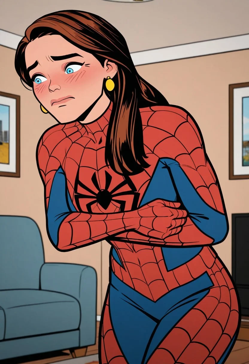 Masterpiece, best quality, AuntMayParker, brown hair, blue eyes, earrings, cowboy shot, 1girl, solo, living room, indoors, spider-man_(cosplay), embarrassed, blushing, looking at own body,