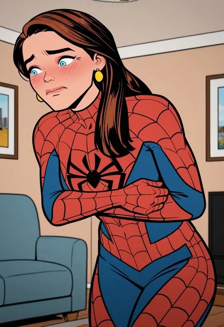 Masterpiece, best quality, AuntMayParker, brown hair, blue eyes, earrings, cowboy shot, 1girl, solo, living room, indoors, spider-man_(cosplay), embarrassed, blushing, looking at own body,