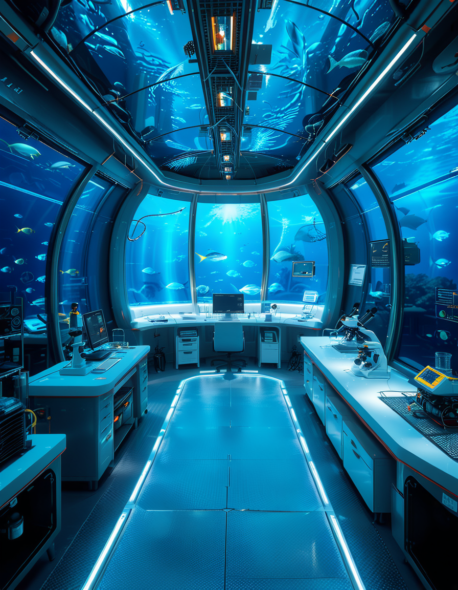 A futuristic underwater research laboratory,underwater research l4b0r4t0ry, located deep beneath the ocean's surface, surrounded by vibrant marine life and illuminated by soft, bioluminescent lighting. The laboratory features large, reinforced glass domes offering a panoramic view of the surrounding blue abyss, with schools of colorful fish and rays of sunlight filtering through the water above. Inside, advanced scientific equipment, glowing computer screens, and researchers in modern wetsuits or lab coats are visible, conducting experiments. The structure is sleek and metallic, with curved, aerodynamic designs to withstand water pressure. Coral reefs and marine plants grow nearby, adding natural beauty. The lighting is a mix of cool, bluish tones, with faint yellow lights from the laboratory windows creating a contrast. The atmosphere is calm yet futuristic, with a focus on scientific exploration and harmony with the marine environment.
<lora:SDXLFaeTastic2400:0.4> <lora:extremely_detailed:0.4> extremely detailed, <lora:underwater_research_l4b0r4t0ry:1>