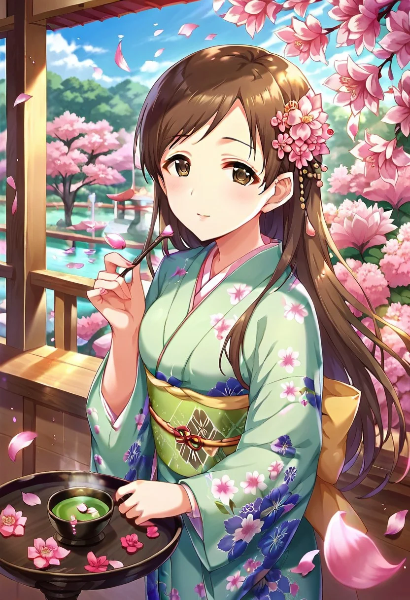 score_9, score_8_up, score_7_up, source_anime,nitta minami, brown hair, brown eyes, long hair, 1girl, japanese clothes, kimono, solo, hair ornament, green tea, cherry blossoms, flower, hair flower, tea, petals, cup