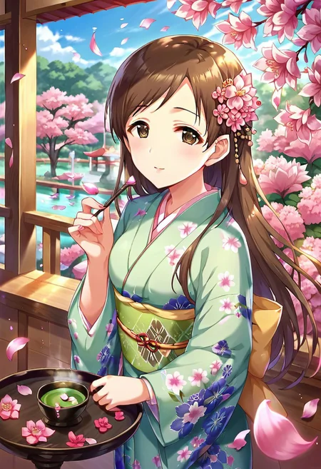 score_9, score_8_up, score_7_up, source_anime,nitta minami, brown hair, brown eyes, long hair, 1girl, japanese clothes, kimono, solo, hair ornament, green tea, cherry blossoms, flower, hair flower, tea, petals, cup