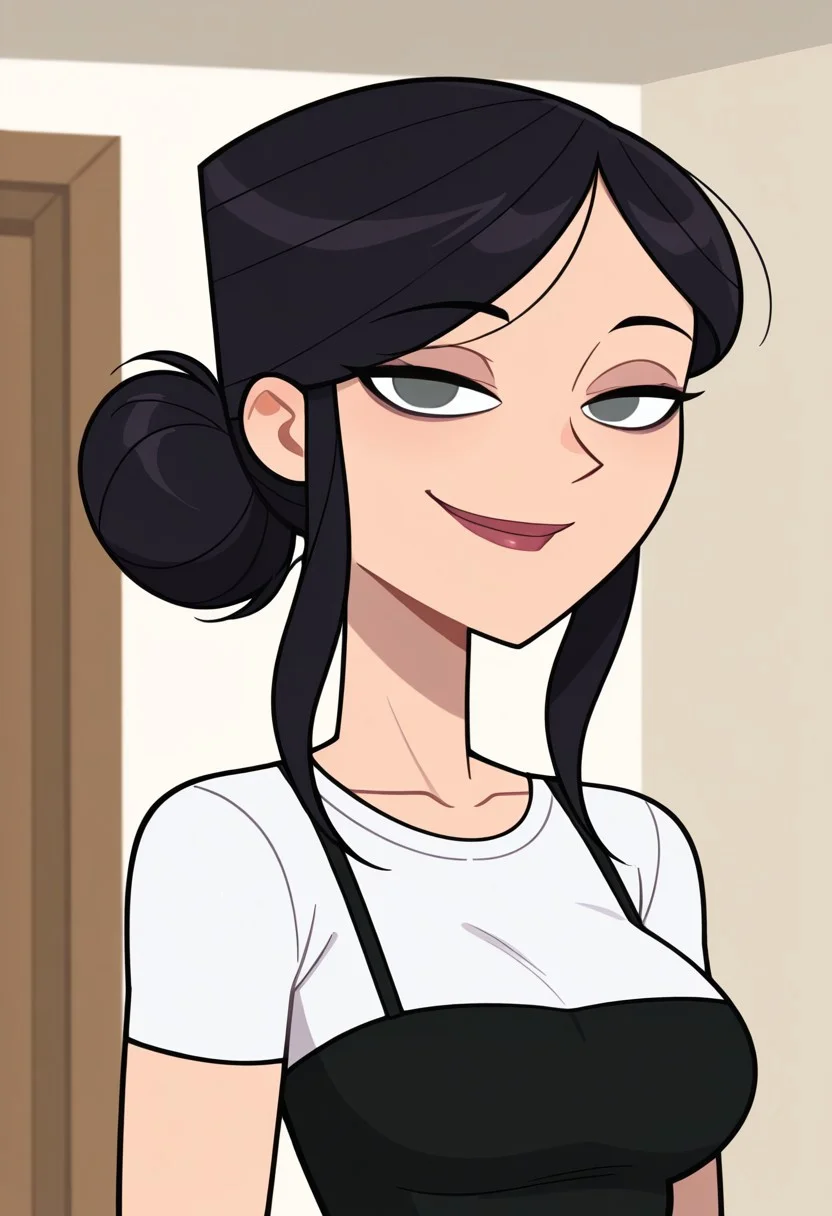 masterpiece,best quality,amazing quality, 1girl, solo, Tess_DC_IL, fair skin, dark gray eyes, black hair, chignon bun, dark pink lips, short black strap top, white under t-shirt, looking at viewer, indoors, room background, (portrait) happy, smile, standing, no pupils