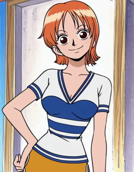 nami, 1girl, short hair, orange hair, solo, striped shirt, yellow skirt, looking at viewer, smile, breasts, brown eyes <lora:NamiIllustrious1.0JLFO-000017:1>, looking at viewer, hand on own hip, cowboy shot,