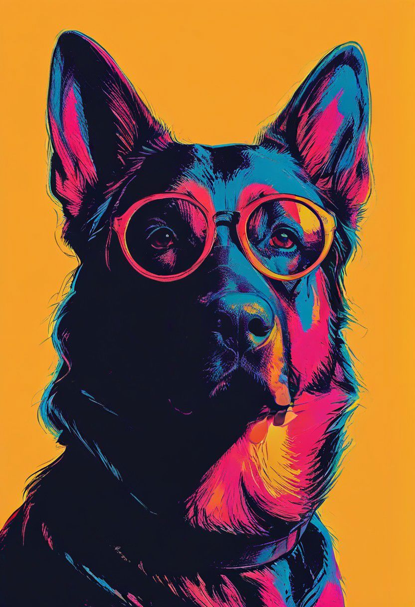 impactful color paint of, a german shepherd dog wearing dark sunglasses, highly detailed, vibrant colors , 8k, sharp, professional, clear, high contrast, high saturated, , vivid deep blacks, crystal clear
