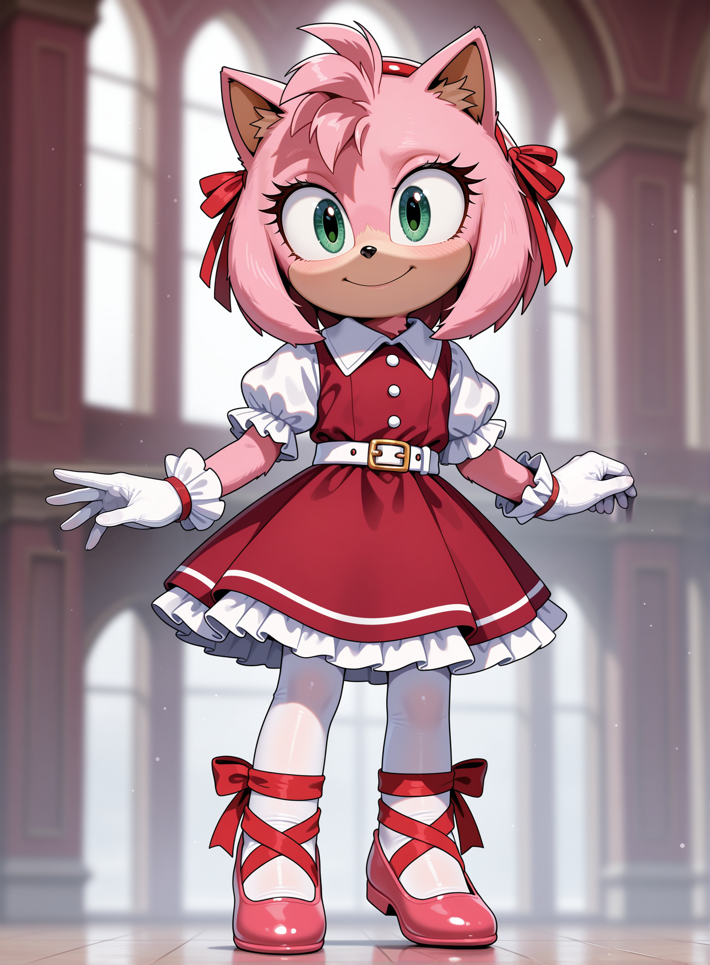 1girl, solo, full body, no humans, furry, blurry background, 
<lora:Movie-Amy_v3:1> movieamy, petite, short legs, happy, smile, short, pink fur,
red hairband, red dress, puffy short sleeves, white sleeves, white frills, frilled dress, frilled sleeves, frilled gloves, collared dress, white gloves, white belt, white pantyhose, red ballet slippers, ballet slippers, footwear ribbon, wrist ribbon, red ribbon, leg ribbon,
white pantyhose, fine fabric emphasis, extremely detailed, highres, masterpiece, best quality