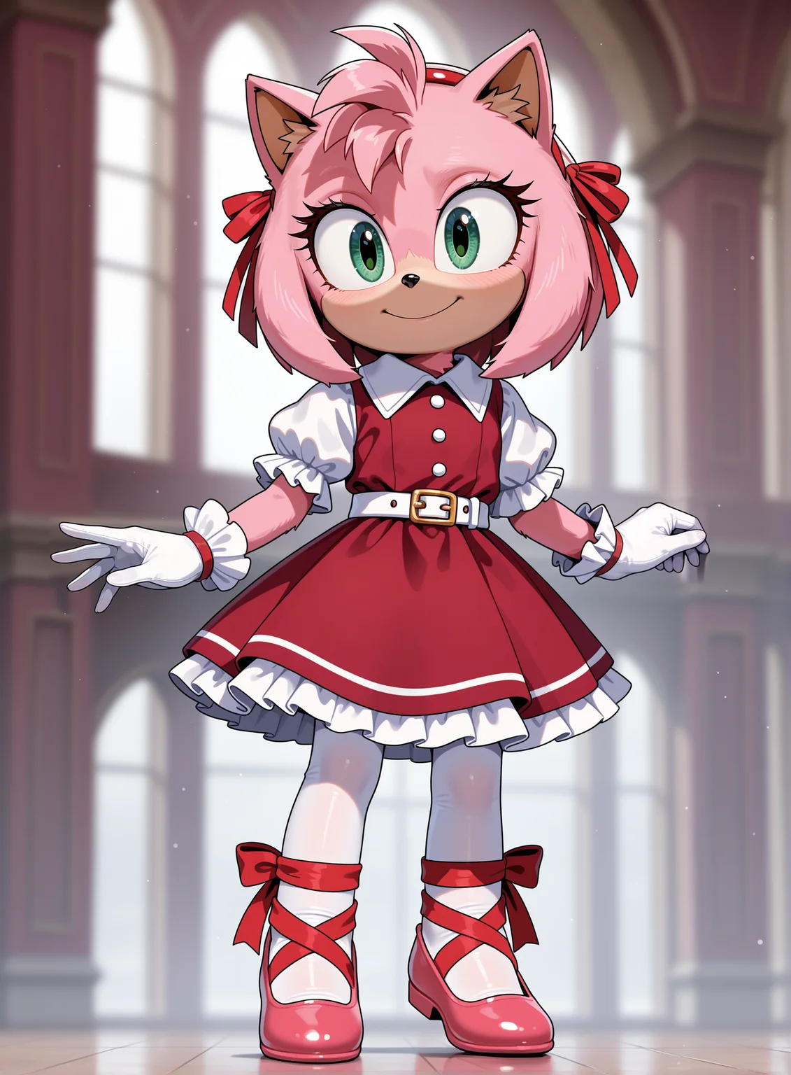 1girl, solo, full body, no humans, furry, blurry background,
<lora:Movie-Amy_v3:1> movieamy, petite, short legs, happy, smile, short, pink fur,
red hairband, red dress, puffy short sleeves, white sleeves, white frills, frilled dress, frilled sleeves, frilled gloves, collared dress, white gloves, white belt, white pantyhose, red ballet slippers, ballet slippers, footwear ribbon, wrist ribbon, red ribbon, leg ribbon,
white pantyhose, fine fabric emphasis, extremely detailed, highres, masterpiece, best quality