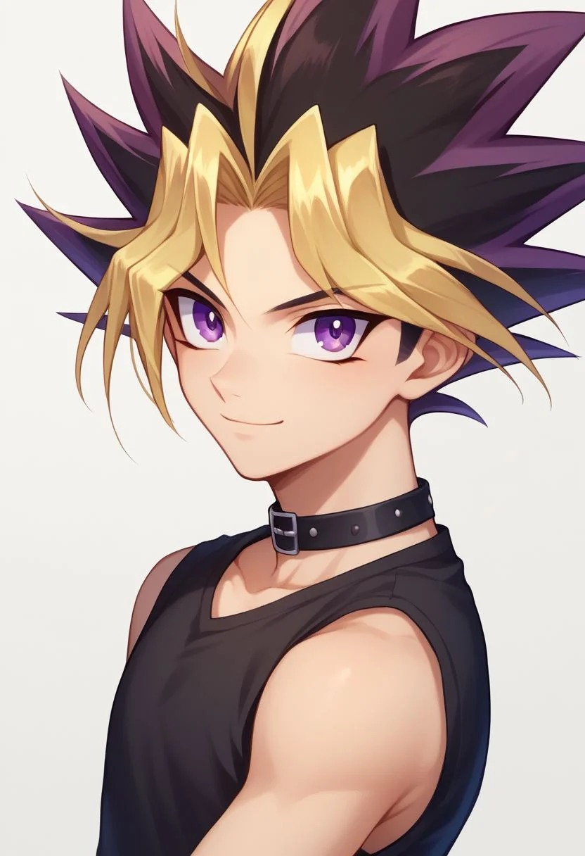 score_9, score_8_up, source_anime, highly detailed,
yami, 1boy, male focus, blonde hair, solo, purple eyes, multicolored hair, shirt, black shirt, sleeveless, spiked hair, smile
outdoor, upper body,