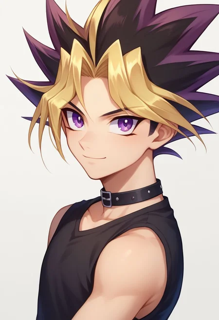 score_9, score_8_up, source_anime, highly detailed,
yami, 1boy, male focus, blonde hair, solo, purple eyes, multicolored hair, shirt, black shirt, sleeveless, spiked hair, smile
outdoor, upper body,