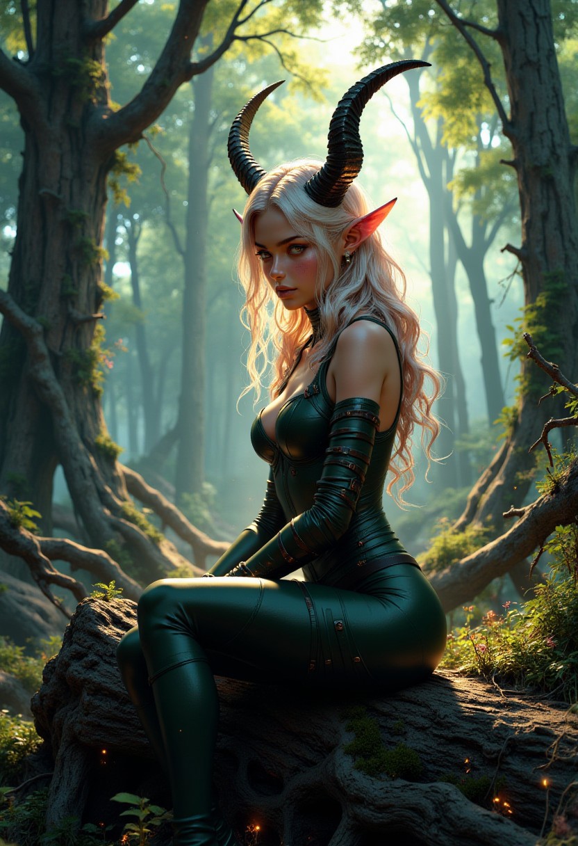 A female figure with goat-like features sits on a large, fallen tree trunk. Her body has a humanoid form with fair skin and goat-like ears that are angled outward, colored light pink. Black curved horns emerge from her head, framing her long, wavy, platinum blonde hair that flows past her shoulders. Her eyes are large and silver, with an ethereal glow. She wears a form-fitting, dark green leather bodysuit with straps crossing her chest, leaving her arms bare except for the long, dark green arm guards that extend from her wrists to her upper arms. Her legs are crossed in a relaxed position as she sits with her hands resting on her knees.   A mystical forest with towering, ancient trees, their leaves creating a dense canopy overhead. Sunlight filters through the foliage, casting patches of soft light on the forest floor. The atmosphere is calm and serene, with the occasional ray of light illuminating patches of moss and small, glowing plants. In the background, shadows of trees fade into the distance, adding a sense of depth and mystery to the scene.      <lora:FluxMythP0rtr4itStyle:0.8> MythP0rt, <lora:ARTifacts:0.66>