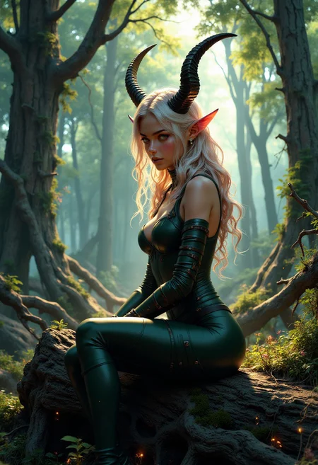 A female figure with goat-like features sits on a large, fallen tree trunk. Her body has a humanoid form with fair skin and goat-like ears that are angled outward, colored light pink. Black curved horns emerge from her head, framing her long, wavy, platinum blonde hair that flows past her shoulders. Her eyes are large and silver, with an ethereal glow. She wears a form-fitting, dark green leather bodysuit with straps crossing her chest, leaving her arms bare except for the long, dark green arm guards that extend from her wrists to her upper arms. Her legs are crossed in a relaxed position as she sits with her hands resting on her knees. A mystical forest with towering, ancient trees, their leaves creating a dense canopy overhead. Sunlight filters through the foliage, casting patches of soft light on the forest floor. The atmosphere is calm and serene, with the occasional ray of light illuminating patches of moss and small, glowing plants. In the background, shadows of trees fade into the distance, adding a sense of depth and mystery to the scene. <lora:FluxMythP0rtr4itStyle:0.8> MythP0rt, <lora:ARTifacts:0.66>