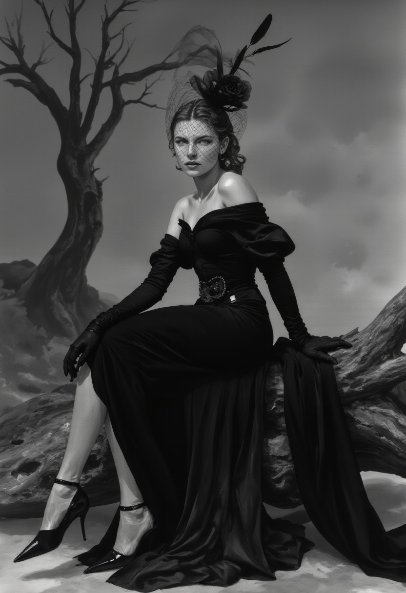 A high-fashion black-and-white illustration in vintage photography style of a poised woman seated on weathered driftwood. She wears a black velvet evening gown with an off-the-shoulder bodice, cinched waist, and structured pleated skirt. A black mesh veil drapes over her face from a netted fascinator adorned with a single glossy black rose. Her chiseled cheekbones, full lips, and veiled almond eyes create an enigmatic expression. Her sleek vintage waves frame her face with a soft sheen. She wears opera-length black satin gloves; her right hand rests gently on her lap, fingers slightly curled, while her left grazes the driftwood. Her pointed black satin heels with ankle straps reflect subtle light. The background features a soft gradient of deep grays fading into black, evoking classic studio photography. Behind her, a lone, leafless tree with twisted branches reaches upward, its silhouette stark and dramatic. Wisps of fog curl around the driftwood and tree roots, creating an ethereal atmosphere. A single black feather, delicate and weightless, drifts in the air, symbolizing fleeting beauty. The moody lighting casts sharp contrasts, enhancing the interplay of textures—smooth velvet, sheer veil, rough driftwood, and gnarled bark—heightening the scene’s cinematic elegance.