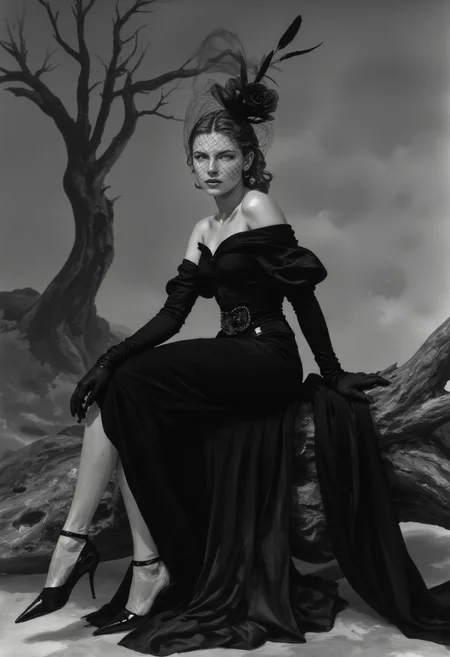 A high-fashion black-and-white illustration in vintage photography style of a poised woman seated on weathered driftwood. She wears a black velvet evening gown with an off-the-shoulder bodice, cinched waist, and structured pleated skirt. A black mesh veil drapes over her face from a netted fascinator adorned with a single glossy black rose. Her chiseled cheekbones, full lips, and veiled almond eyes create an enigmatic expression. Her sleek vintage waves frame her face with a soft sheen. She wears opera-length black satin gloves; her right hand rests gently on her lap, fingers slightly curled, while her left grazes the driftwood. Her pointed black satin heels with ankle straps reflect subtle light. The background features a soft gradient of deep grays fading into black, evoking classic studio photography. Behind her, a lone, leafless tree with twisted branches reaches upward, its silhouette stark and dramatic. Wisps of fog curl around the driftwood and tree roots, creating an ethereal atmosphere. A single black feather, delicate and weightless, drifts in the air, symbolizing fleeting beauty. The moody lighting casts sharp contrasts, enhancing the interplay of textures—smooth velvet, sheer veil, rough driftwood, and gnarled bark—heightening the scene’s cinematic elegance.