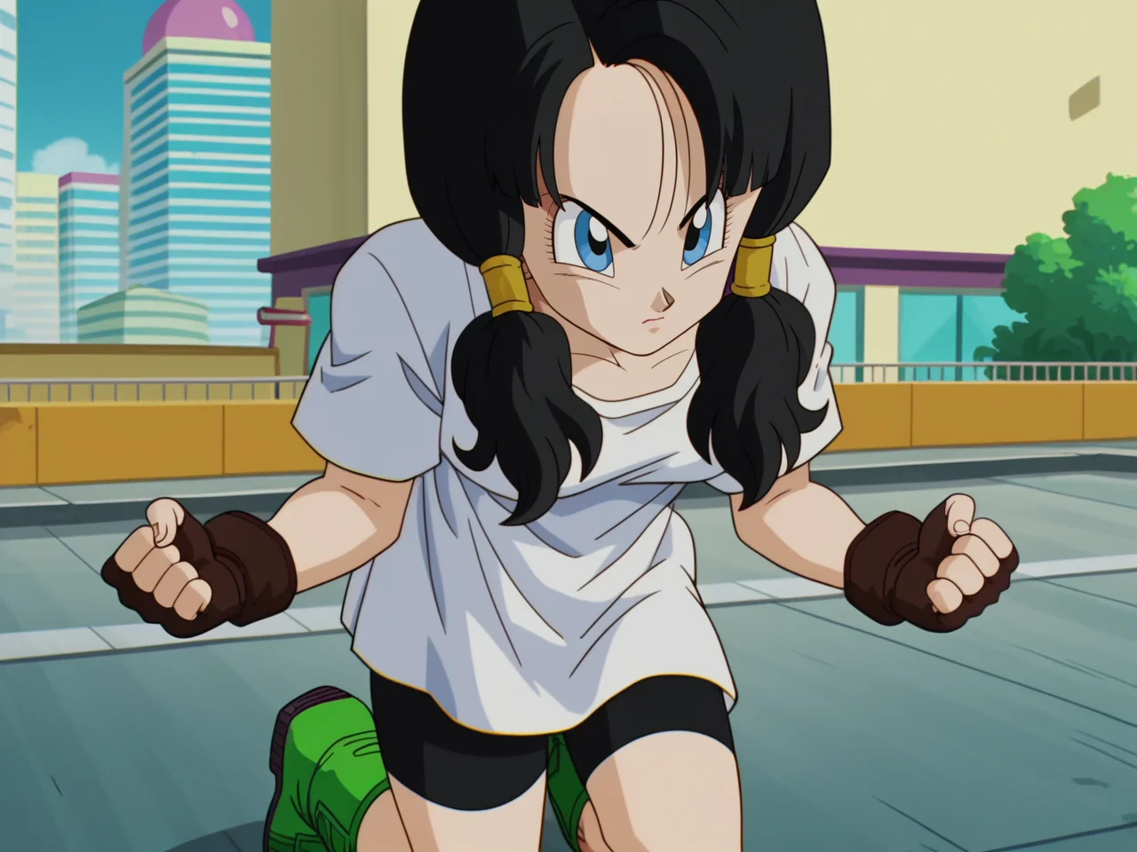 Videl, 1girl, pigtails, white shirt, bike shorts black hair, fingerless gloves, green boots, <lora:Videl-prodigy-7:0.8>, score_9, score_8, score_8, anime screencap, solo, looking at viewer, shadows, city, close up, clenched hand, pov