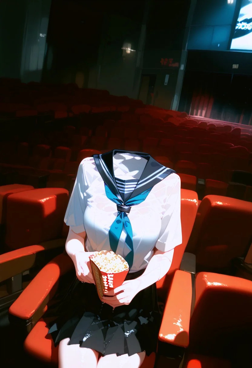 score_9, score_8_up, score_7_up,
source_anime,zPDXL2,
BREAK
soro,StudentofMisery,white shirt,neckerchief,pleated skirt,sailor collar,headless,
poker face,
glowing eyes,
parted lips,
wet,wet hair,
BREAK
sitting,
shiny skin, shiny, oily skin,
movi3theater, red seats, dark room, popcorn
upper body,
from above,