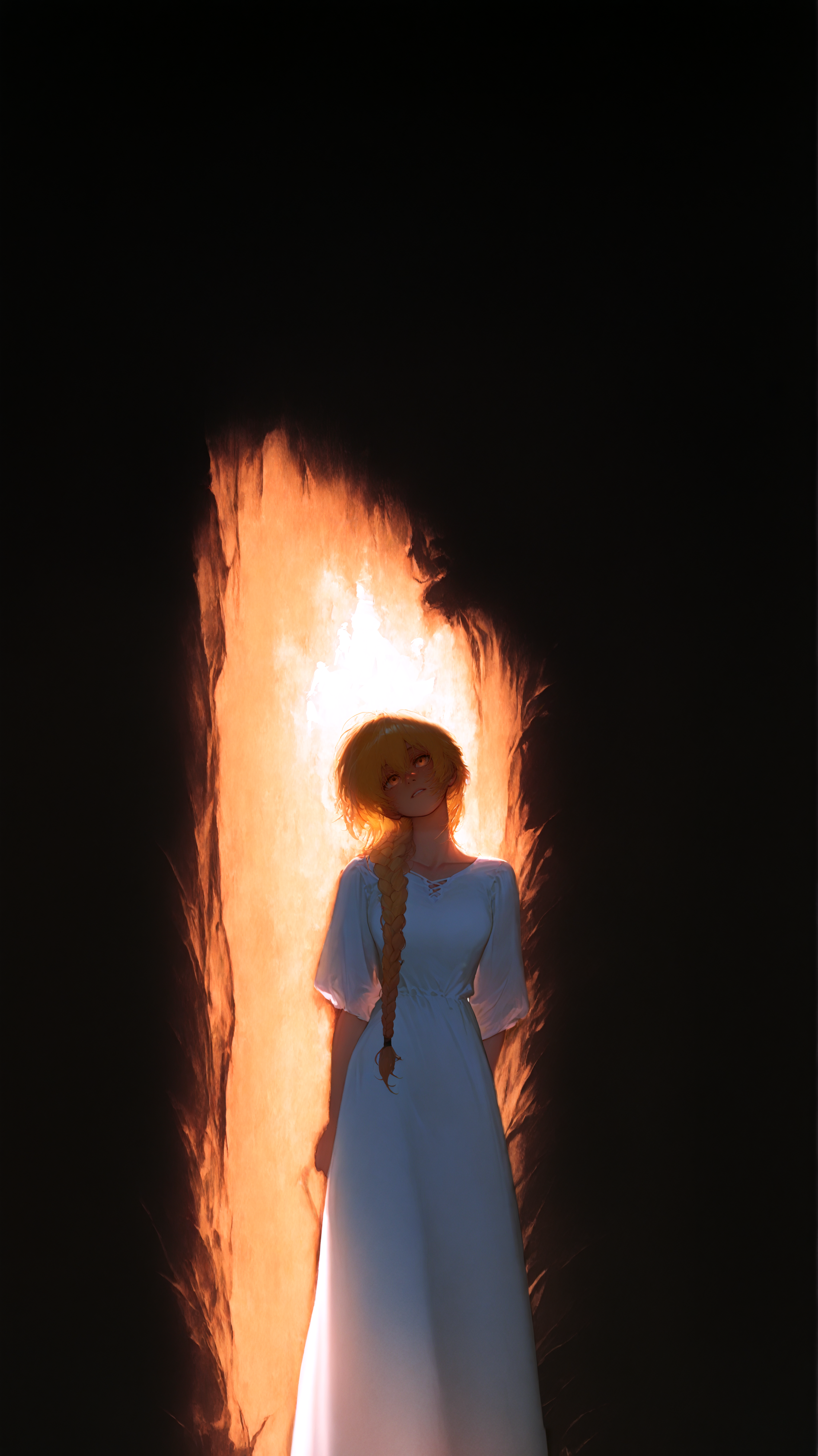masterpiece, newest,absurdres,incredibly absurdres, best quality, amazing quality, very aesthetic, 
1girl, silhouette, drop shadow, glowing blonde hair, single braid, very long braid, head tilt, white dress,
<lora:Face_Enhancer_Illustrious:0.2>  <lora:KonYa666:1> kony4666 <lora:ka_marukogedago:1> k4_illu,  <lora:Krisdecker_fix:1> Krysd3cker, detailed, volumetric lighting, chiaroscuro lighting,  , warm light, dark