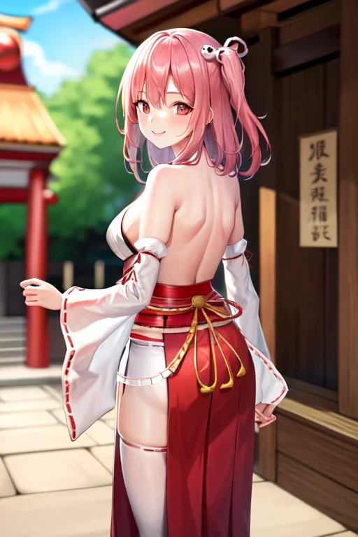 masterpiece, best quality, highres, 1girl, honoka, miko, hakama skirt, shrine, smile, from behind <lora:doa_honoka:1.0>
