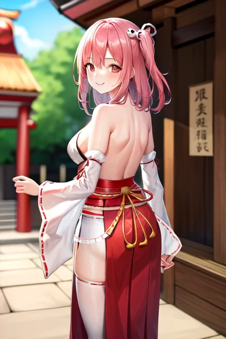 masterpiece, best quality, highres, 1girl, honoka, miko, hakama skirt, shrine, smile, from behind <lora:doa_honoka:1.0>