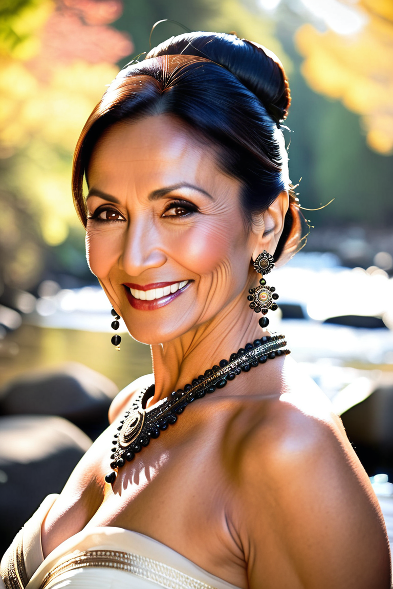 majmilfaa, "a photo of a a stunning Indian woman in her mid 40s, signs of age, laugh lines, light wrinkles, (age spots:.4), (crepey skin:.3), neck wrinkles, worry lines, crows feet, graceful and elegant, solo, black hair, looking at viewer, upper body, hair ornament,Cleavage,large breasts, jewelry, dress, closed mouth, chinese clothes, white dress, smile, earrings, necklace, hair bun,face close-up, realistic,photorealistic,masterpiece,best quality,newest,highres,absurdres,photo,real life, real world location, photo background,depth of field,bokeh,Forest background,blurry background,stream,Trees,
day,sun,shadow,fall,water,"