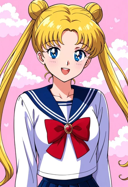 Retro art style, upper body, solo, Tsukino Usagi, 1 girl, cute face, open mouth, smile, blue eyes, detailed pupils, blonde hair, parted bangs, long hair, very long hair, double bun, double pigtails, very long pigtails, jewelry, brooch, (serafuku, school uniform, sailor collar, blue sailor collar, red ribbon, bow, white blouse, long sleeves), looking at viewer, pink cloud background
