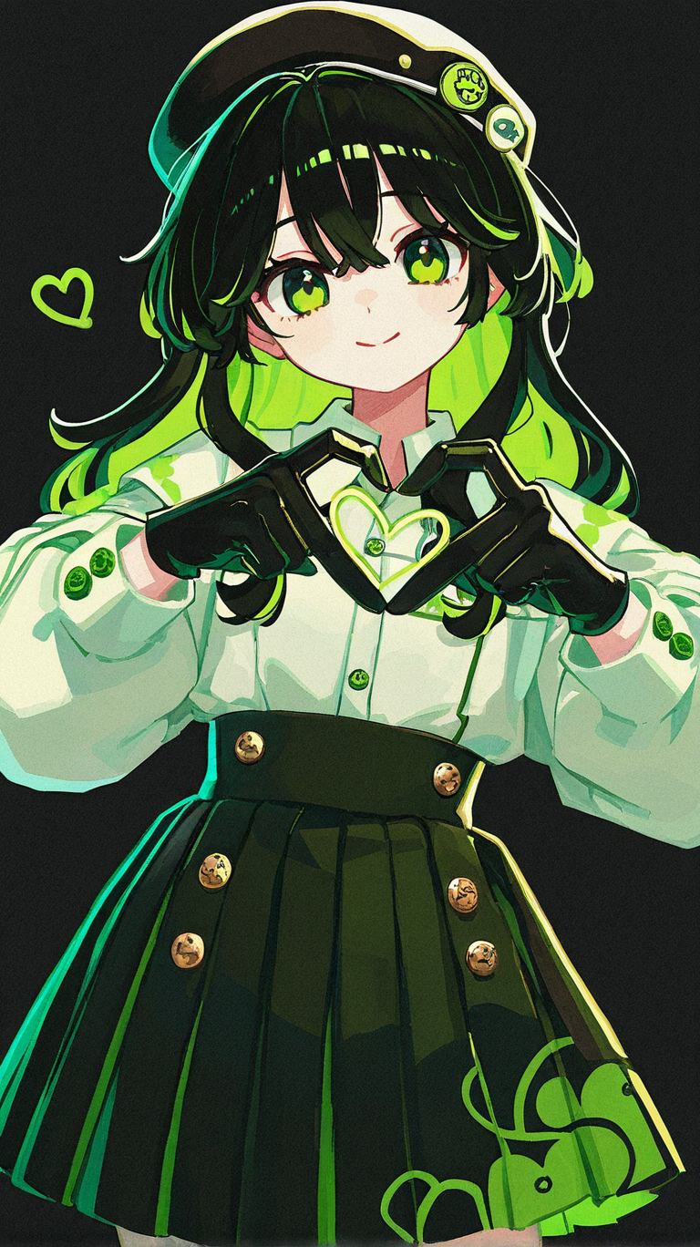 1girl, solo, long_hair, looking_at_viewer, smile, bangs, skirt, simple_background, shirt, black_hair, gloves, long_sleeves, hat, hair_between_eyes, closed_mouth, green_eyes, white_shirt, pink_hair, heart, multicolored_hair, cowboy_shot, pleated_skirt, green_hair, black_gloves, puffy_sleeves, collared_shirt, black_skirt, two-tone_hair, buttons, beret, black_background, green_skirt, puffy_long_sleeves, colored_inner_hair, heart_hands
