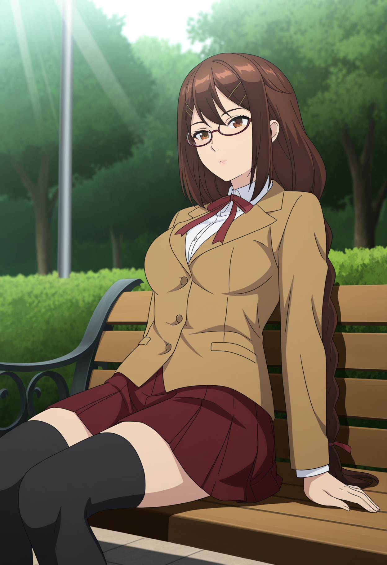 masterpiece, best quality, scenery, 1girl, solo, <lora:Chitose Naruse v2 [Illustrious] Kyochuu Rettou:1>, ChitoseNaruse, brown eyes, glasses, hair ornament, long hair, twin braids, blazer, brown jacket, long sleeves, collared shirt, white shirt, neck ribbon, red ribbon, pleated skirt, red skirt, black thighhighs, detailed eyes, detailed body, detailed lips, outdoors, park, on bench, sunlight, expressionless, depth of field, newest, scenery, volumetric lighting, dynamic pose,