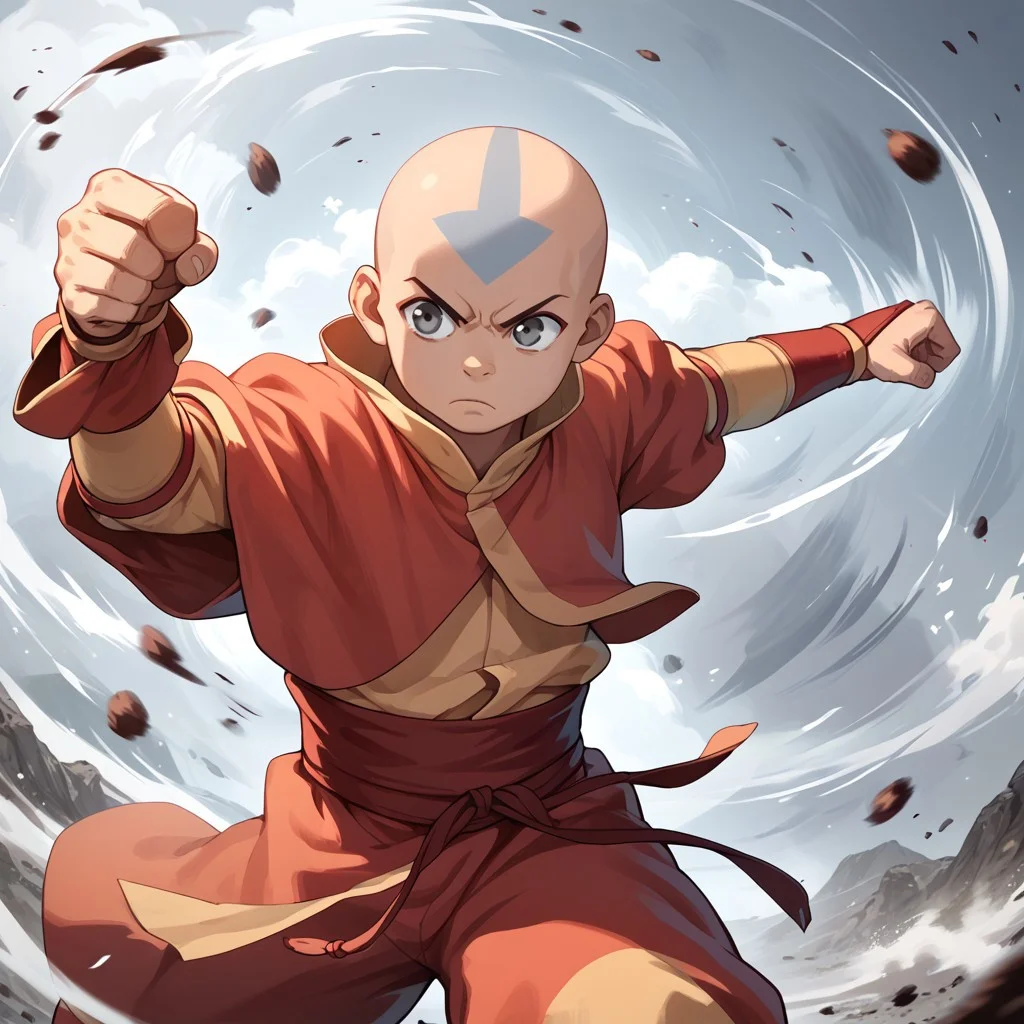 score_9, score_8_up, score_7_up, score_6_up, score_5_up, score_4_up, 1boy, Aangava, grey eyes, avatarstate, bald, fighting stance, airbending, solo, windy, wind blowing