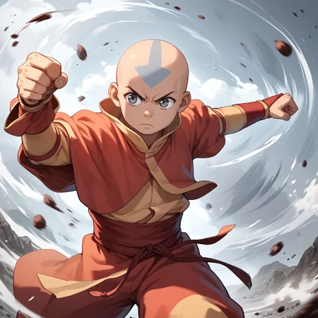 score_9, score_8_up, score_7_up, score_6_up, score_5_up, score_4_up, 1boy, Aangava, grey eyes, avatarstate, bald, fighting stance, airbending, solo, windy, wind blowing