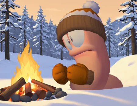 *LORA WEIGHT: 1.1* wormsteam17, mayhemworm, worm, 1worm, solo, brown eyes, half-closed eyes, neutral, winter hat, mittens, winter, snow, bonfire, looking at bonfire, forest, rocks, masterpiece, best quality