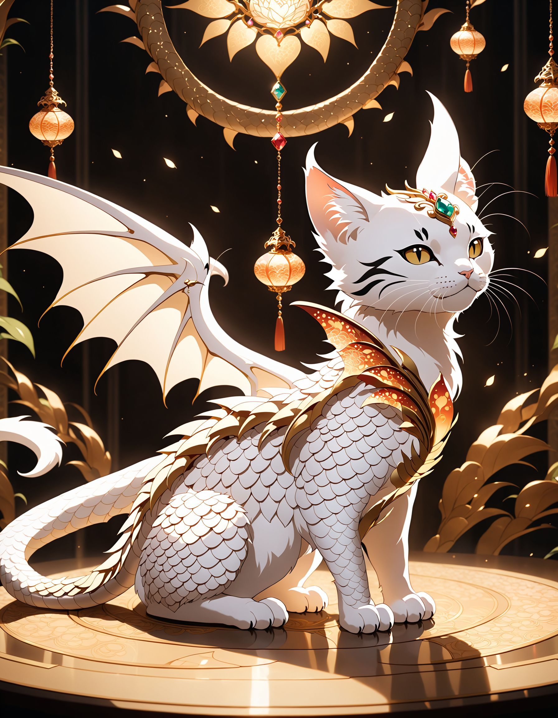 furrydskstyle, solo, hair ornament, closed eyes, flower, wings, horns, cat, white cat, dragon-cat, hair flower, no humans, gem, dragon, scales, eastern dragon, cinematic angle, cinematic lighting, foreshortening, depth of field, detailed background, masterpiece, best quality , official art , <lora:furry_SDXL:0.8>