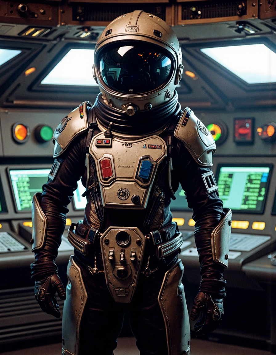 nostromo style man wearing spacesuit styled by Alexander McQueen, space helmet, jumbotron, ceiling decoration, control panels, buttons, switches, lights, science fiction, horror,
extremely detailed, sharp focus, sharp