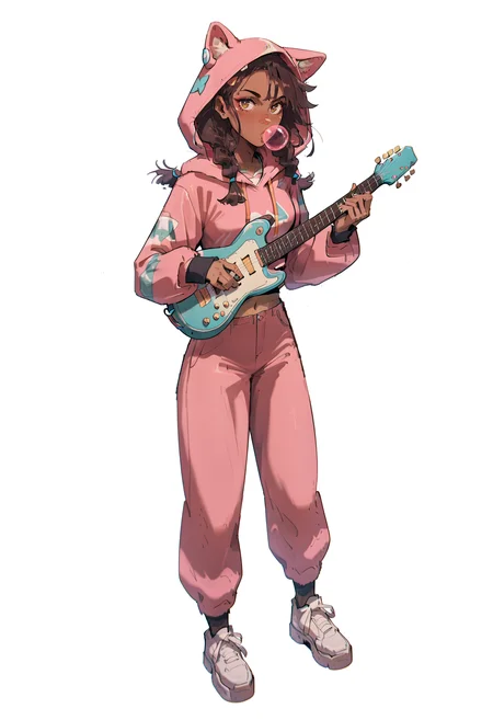 score_9, score_8_up, score_7_up,
<lora:VividCarnageV2:1> v1v1d,
1girl, solo, braid, twin braids, brown hair, guitar, hood, instrument, navel, full body, chewing gum, pants, long hair, dark-skinned female, midriff, dark skin, white background, brown eyes, shoes, hood up, bubble blowing, holding, simple background, animal hood, hoodie, crop top, standing, long sleeves, animal ears, white footwear, sleeves past wrists