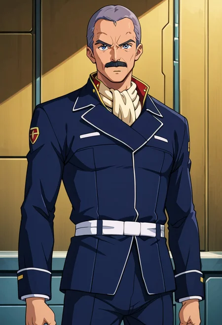 score_9, score_8_up, score_7_up, source_anime, cowboy shot, front view, BREAK, ( hardie_steiner, grey eyes, grey hair, moustache, looking at viewer, serious expression, mouth slightly open, blue zeon suit, pale yellow scarf, ) 1boy, male focus, solo, BREAK, futuristic office, zeon symbol on wall, control panel, cabinet, digital panels, detailed futuristic wall,