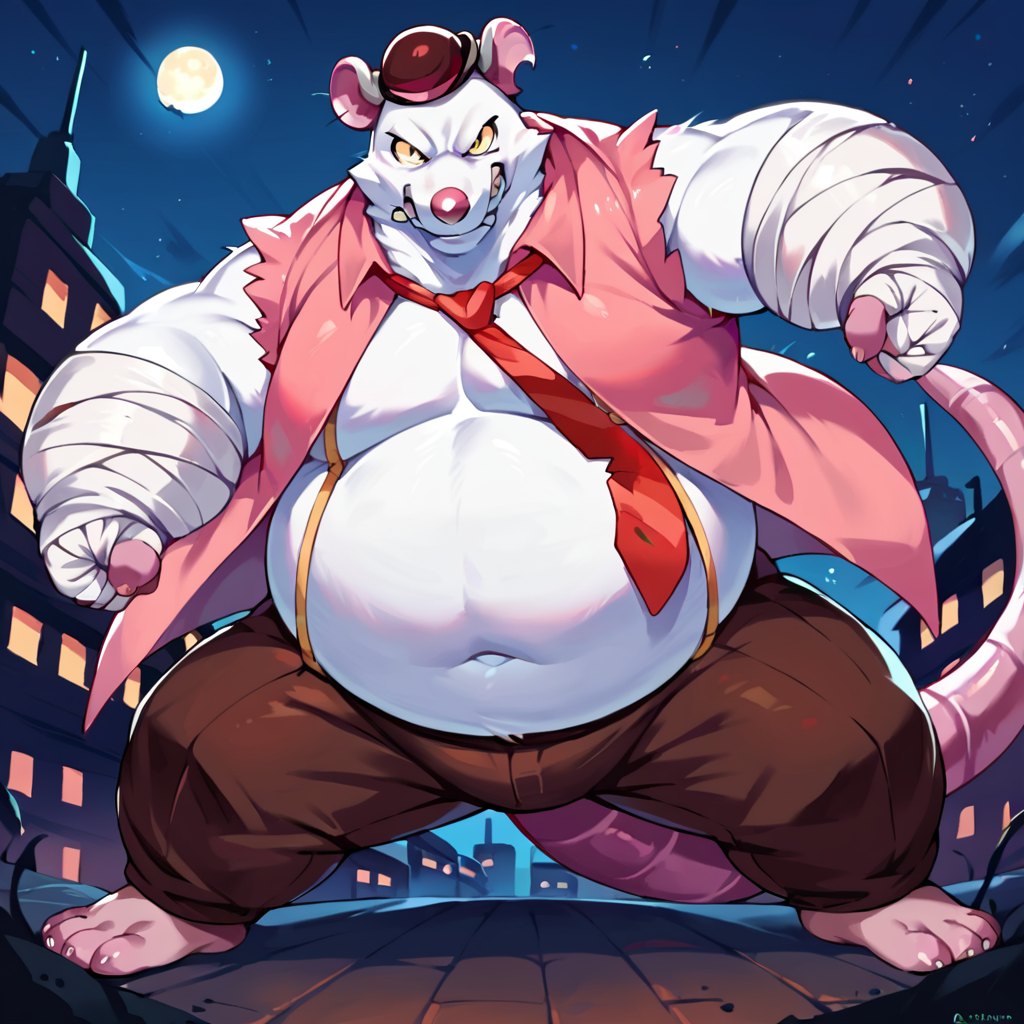 score_9, score_8_up, score_7_up, score_6_up, score_5_up, score_4_up, source_cartoon,  <lora:Camo_Breeze_In_The_Clouds_PonyXL:1> camo, rat, white skin, pink vest, tie, hat, yellow eyes, chubby, fat, action pose, city background, night time,