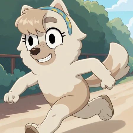 score_9, score_8_up, score_7, source_cartoon, Judo(Bluey), Solo, 1girl, anthro, female furry, dog girl, chow chow, white and gray fur, fluffy fur, bangs, fluffy tail, black eyes, freckles, blue and yellow hairband, full body, looking at viewer, running, smiling, beach setting, sunny,
