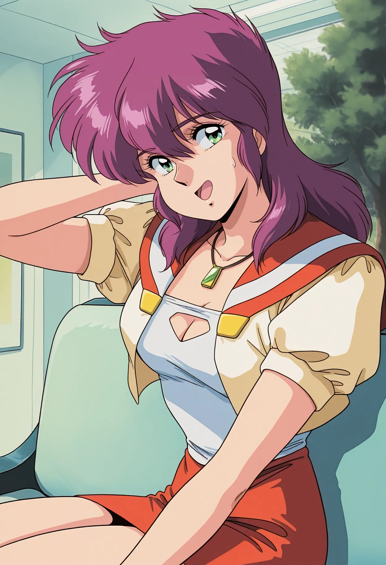 traditional media, graphite \(medium\),
CosFanSaya, close-up, sitting, 1980s \(style\), retro artstyle, sweatdrop, ^_^, open mouth, head tilt, arm behind head, smile,
1girl, solo, indoors, room, on bench, tree,
purple hair, long hair, hair down, hair between eyes, bangs, green eyes,
jewelry, necklace, pendant,
cleavage, cleavage cutout, orange sailor collar, cropped jacket,
medium breasts, puffy short sleeves, white tube top, orange pencil skirt,
orange pencil skirt,
best quality,amazing quality,very aesthetic,absurdres
<lora:CosFanSaya:1>