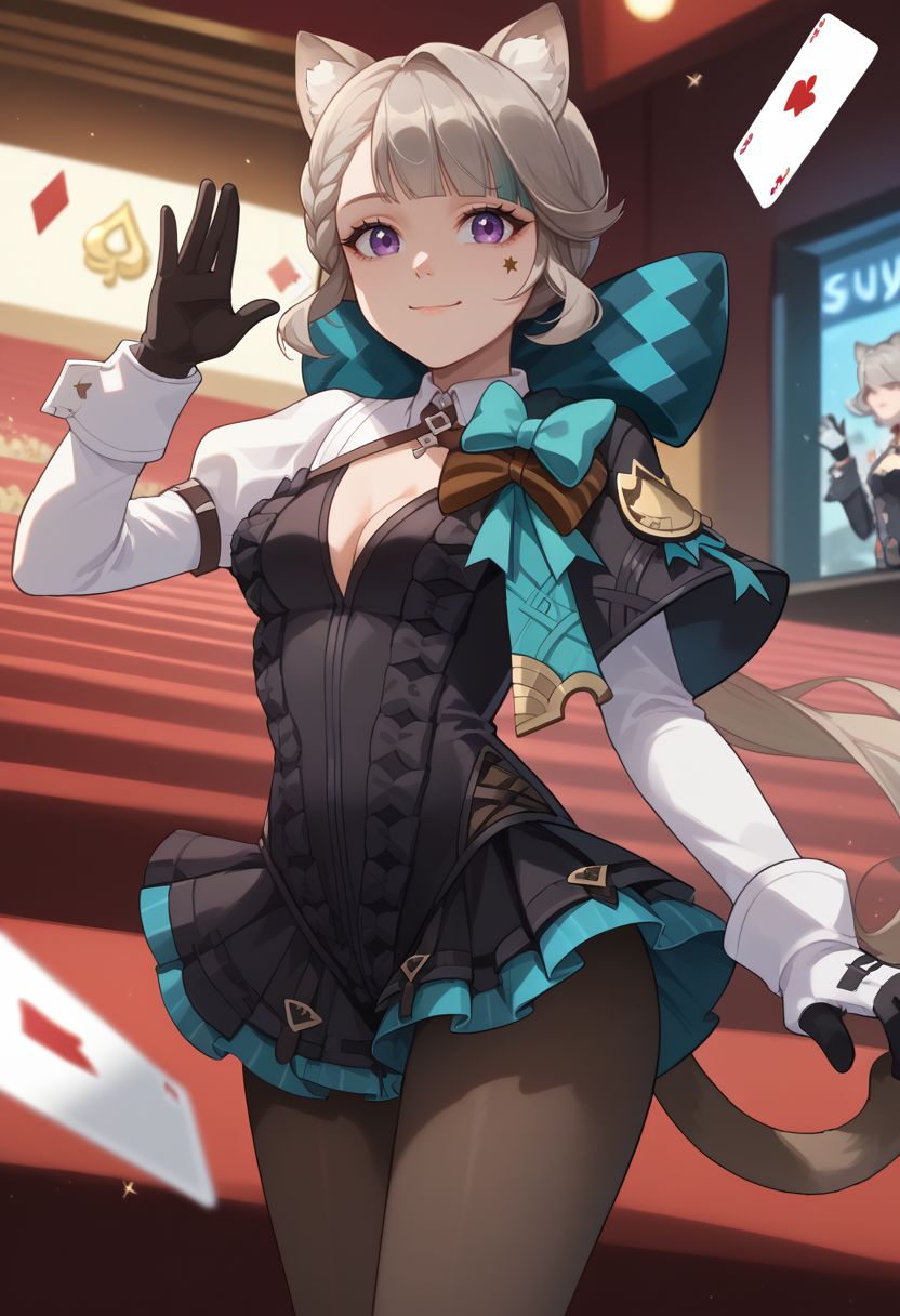 score_9, score_8_up, score_7_up, source_anime, 1girl, solo, lynettedef, purple eyes, grey hair, long hair, braid, small breasts, animal ears, animal ear fluff, cat girl, star (symbol), cat tail, hair bow, aqua bow, long sleeves, puffy sleeves, frills, black leotard, backless outfit, cleavage, black gloves, black pantyhose, playing card, card, smile, closed mouth, standing, waving, looking at viewer, indoors, theater, upper body, <lora:Lynette_v1-000010:1>