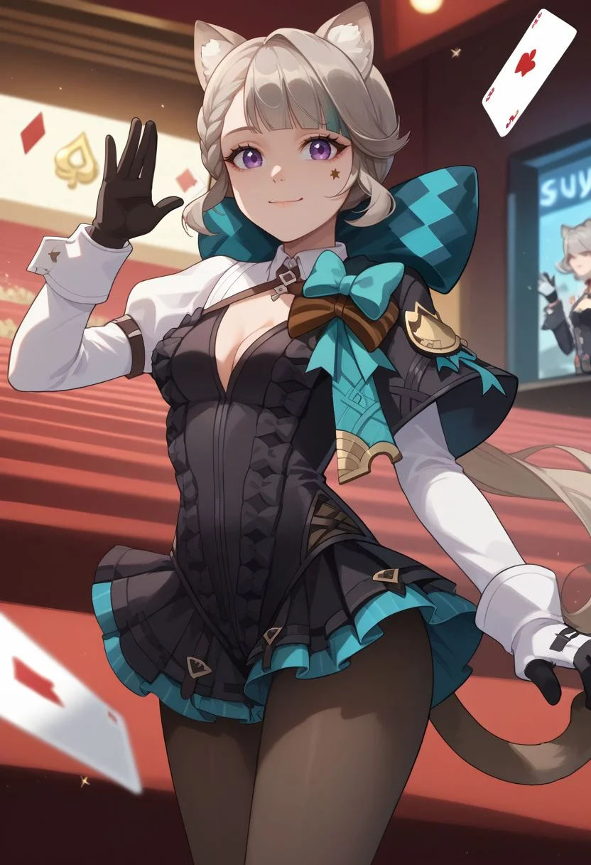 score_9, score_8_up, score_7_up, source_anime, 1girl, solo, lynettedef, purple eyes, grey hair, long hair, braid, small breasts, animal ears, animal ear fluff, cat girl, star (symbol), cat tail, hair bow, aqua bow, long sleeves, puffy sleeves, frills, black leotard, backless outfit, cleavage, black gloves, black pantyhose, playing card, card, smile, closed mouth, standing, waving, looking at viewer, indoors, theater, upper body, <lora:Lynette_v1-000010:1>