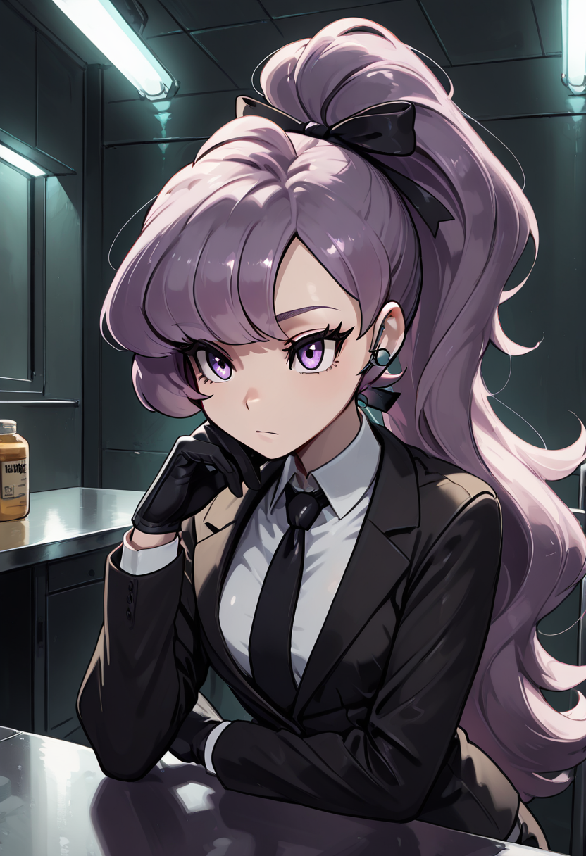 masterpiece, best quality, 1girl, solo, eyelashes, (beautiful eyes),     zzAnabel, purple hair, purple eyes, long hair, ponytail, ribbon, hair ribbon, bangs, black ribbon, black suit, formal, black tie, black gloves, interrogation room, table, cold lighting, seated, piercing stare â Under harsh fluorescent lights, Anabel sits across a metal table, posture flawless and unmoving. Her purple eyes bore into the viewer, unblinking, unreadable. The ribbon in her hair remains perfectly tied, not a strand out of place. Her gloved fingers tap once on the steel surface, then fall still. The silence is thick, her presence sharpâshe doesnât need to speak to command control.    , <lora:AnabelPokemon_IXL_v2:1.0>,