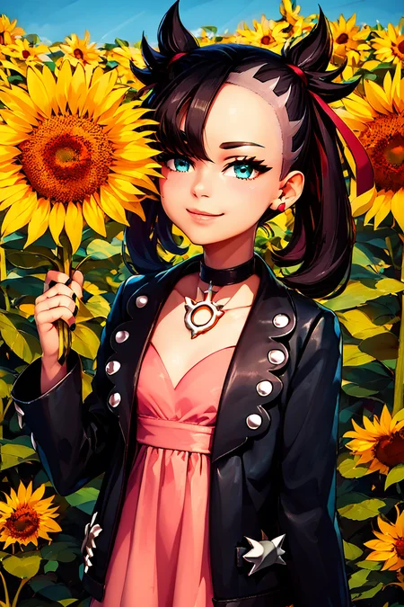score_9, score_8_up, score_8, medium breasts, (curvy), cute, eyelashes, BREAK, , BREAK, zzMarnie, aqua eyes, black choker, black hair, red ribbon, pink dress, jewelry, black jacket, open clothes, long sleeves, <lora:MarnieP3:0.8>,, zzSunflower, upper body, outdoors, hand up, portrait, one eye covered, yellow flower, holding flower, <lora:Sunflower_PDXL_v2:0.8>, <lora:CatalystStylePDXL:0.8>, , BREAK, smile, looking at viewer, cowboy shot, embedding:zPDXL, Expressiveh, <lora:SDXLFaeTastic2400:0.5>, <lora:Expressive_H-000001:0.4>,