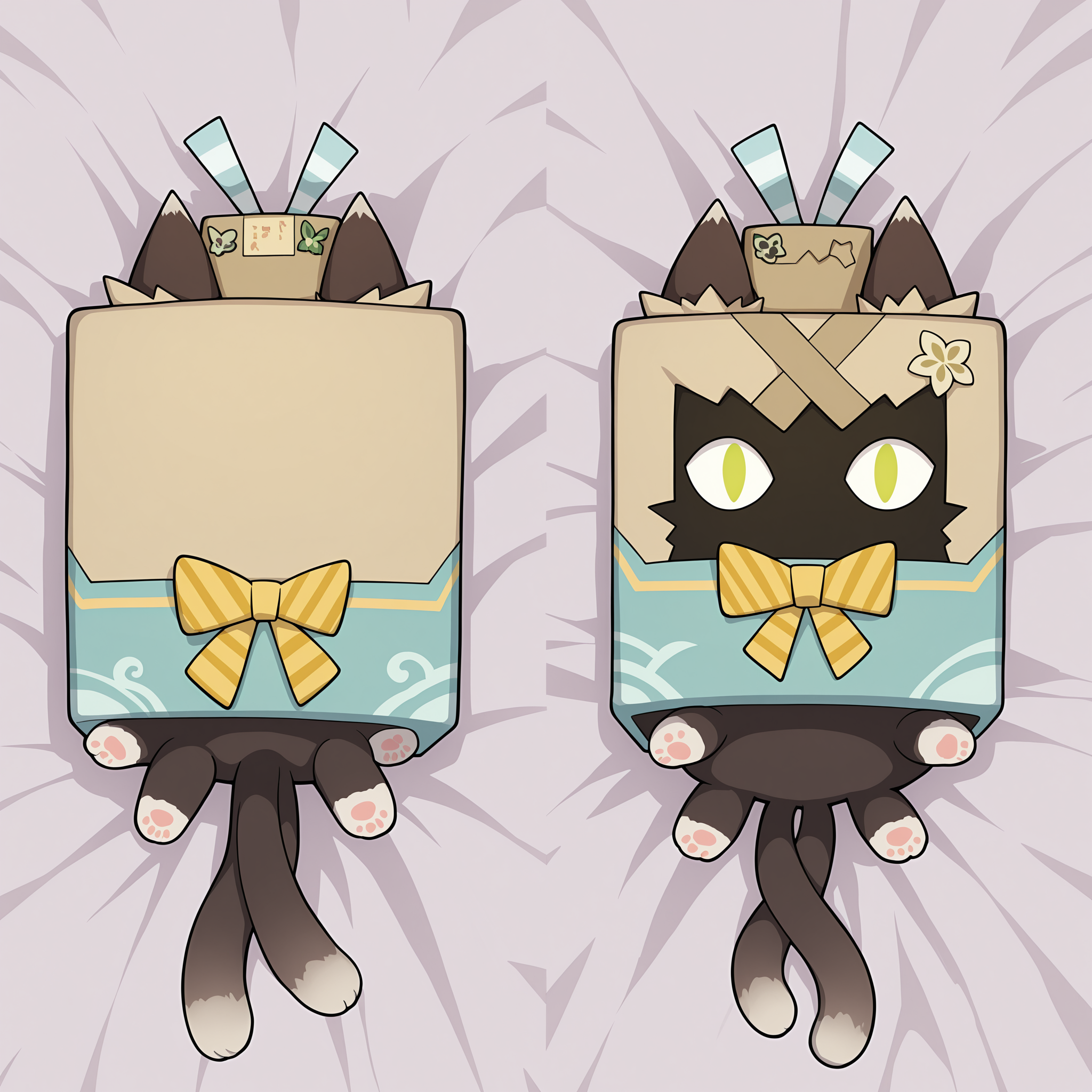 <lora:GenshinImpact_KiraraBox_V1[IL]:.91>, kirarabox, (dakimakura \(medium\):1.5), box, no humans, on stomach, square box, ears partially covered from behind, masterpiece,best quality, very aesthetic,absurdres,newest,