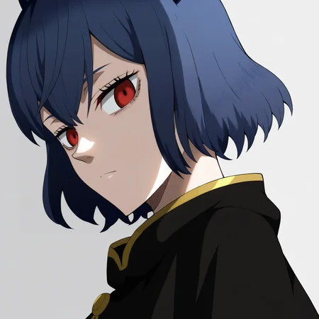 sharp focus, pixiv masterpiece, source_anime, score_9, score_8_up, score_7_up, absurd res, high res, BREAK
Secre_Swall0wtail_XL, 1girl, solo, <lora:Secre_Swallowtail_Illustrious_v53-000017:1> , dark-blue hair, (red eyes:0.7),(short_blackbull-cape:1.1), expressionless, upper body, simple background, white background