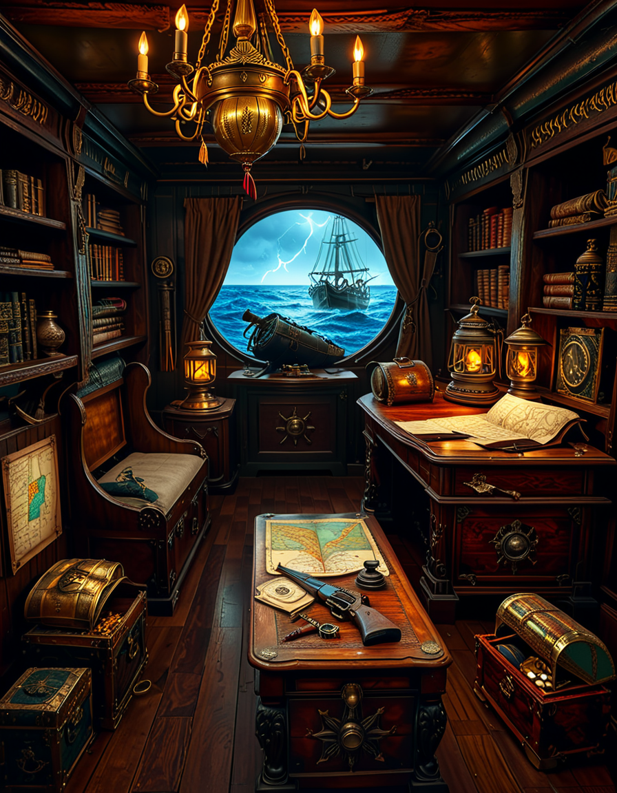 <lora:Captain_c4b1n:1>,Captain c4b1n
A richly detailed pirate captain's cabin aboard an 18th-century wooden ship. The room is dimly lit by flickering candlelight and a hanging oil lantern, casting warm golden glows on the dark oak walls. An ornate wooden desk sits at the center, covered with ancient, weathered maps, a golden compass, and scattered quills with ink bottles. A large, curved window at the back reveals the vast ocean under a moody, cloudy sky, with faint moonlight seeping in.
To the right, a massive wooden bookshelf filled with leather-bound books, nautical charts, and mysterious artifacts, some covered in dust. On the left, a polished mahogany chest with intricate carvings, partially open, revealing gold coins and shimmering gemstones. A grand captain's chair, upholstered in deep red velvet, sits behind the desk, exuding authority and power.
The wooden floor is rugged and slightly uneven, adorned with an old tattered rug. A cutlass and a flintlock pistol rest casually on the desk, while a pirate hat with a large feather hangs on the wall beside a mounted shipâs wheel. The atmosphere is both eerie and majestic, evoking the spirit of adventure and the mysteries of the sea.
<lora:SDXLFaeTastic2400:0.4> <lora:extremely_detailed:0.4> extremely detailed, Masterpiece,best quality,hi res,8k,hi res,8k,award winning,(sharp focus, intricate, highly detailed),