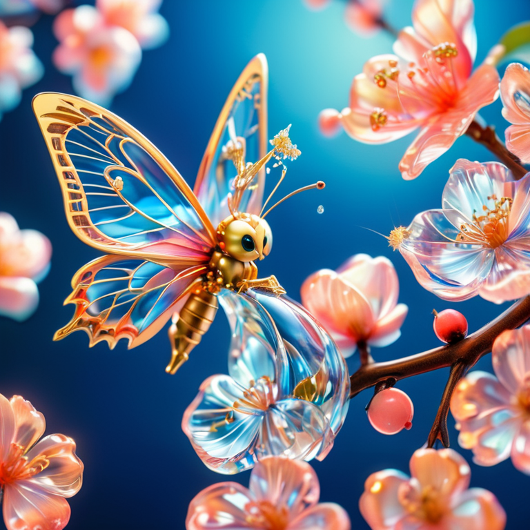 close up shot from the side, 85mm lens, a beautiful intricate mechanical clockwork butterfly, it should have bright beautiful vibrant colors,  it is standing on a branch of a cherry tree next to it is a blossoming cherry bud. avoid multiple butterfly's, deep blue background <lora:SDXLFaeTastic2400:1> <lora:lora:1>