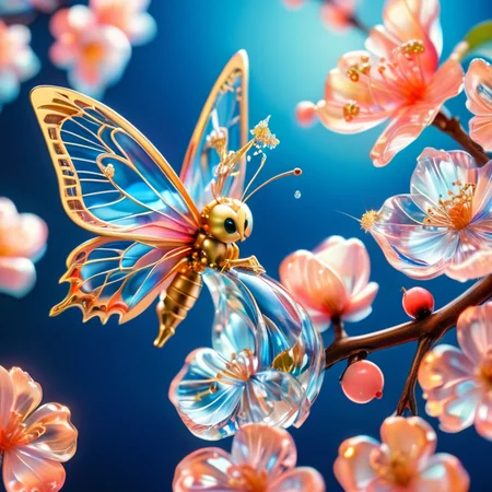 close up shot from the side, 85mm lens, a beautiful intricate mechanical clockwork butterfly, it should have bright beautiful vibrant colors, it is standing on a branch of a cherry tree next to it is a blossoming cherry bud. avoid multiple butterfly's, deep blue background <lora:SDXLFaeTastic2400:1> <lora:lora:1>